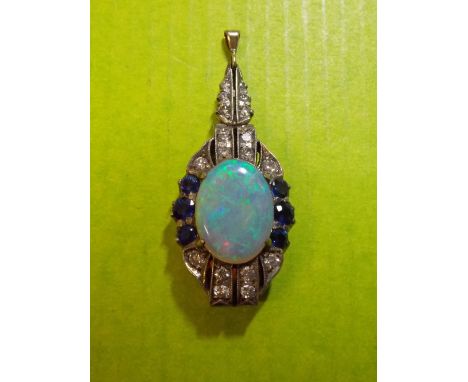 GOLD SINGLE OVAL OPAL, DIAMOND AND SAPPHIRE ART DECO STYLE PENDANT OPAL 10MM DIAMETER 5CM
