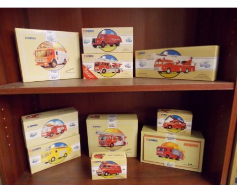 SHELF OF MINT AND BOXED CORGI FIRE ENGINES INC THE AEC PUMP CLEVELAND AND FIRE ESCAPE ENGINE 21802, 96854, 96906, ETC