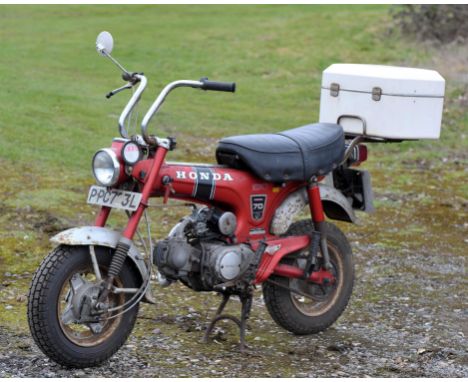   Motor Bike, Honda 70, Monkey Bike, red chassis. Registration number PPC 723L, comes with Original Owner's Manual for Honda 