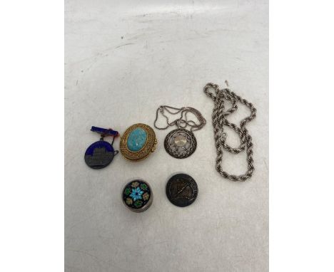 A Collection of Jewellery to include silver necklace and pendant gross weight 33.7g, silver and enamel pill box, costume gilt