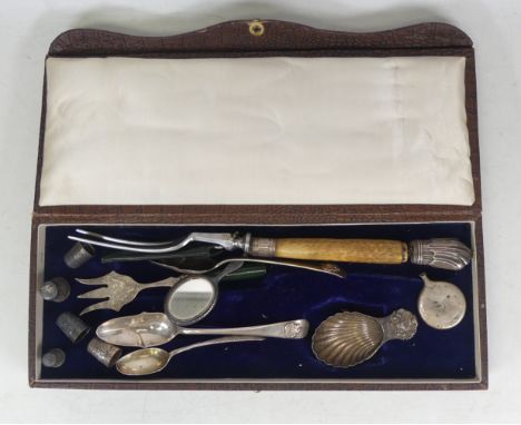 Selection of Silver to include Ornate large serving fork, Two vanity mirror, Five thumbnails, One caddy spoon, Three tea spoo