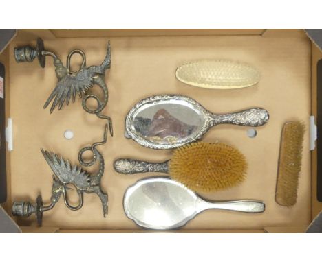 A Selection of Silver-Plate Vanity Set to include Comb, Two Brushes and Two Hand Mirrors, and Two Mythical Brass Winged Drago