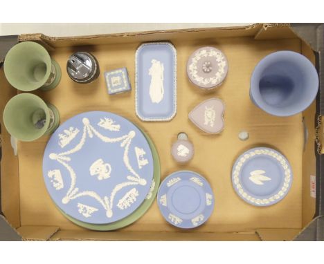 Selection of Wedgwood Jasperware to include Two small green Vases, Three powder blue pin dishes, One heart shaped lilac trink