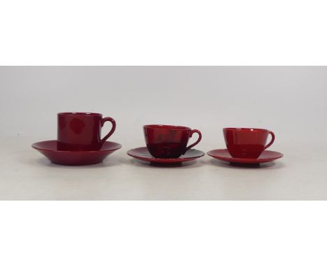 Royal Doulton Flambe Glazed Two Miniature Tea Cups (one cracked) and Saucers also One Miniature Coffee Can and Saucer (3)