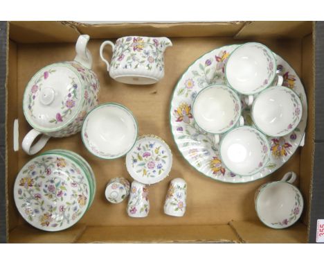 Minton, Haddon Hall Pattern Teaware including Teacups, Teapot, Saucers, Milk Jug, Cruet Pots, Plates etc. (1 Tray)