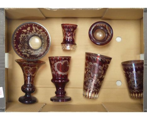 Selection of Bohemian Ruby Red Vases and Bowls of various sizes. a/f. (1 Tray)