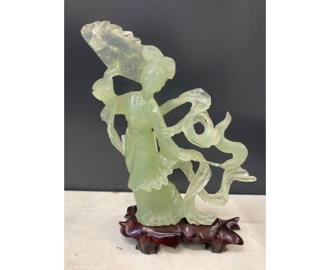 Chinese Jade/Soapstone hand carved figure of a Lady with wooden plinth, boxed. (H:21.5cm)