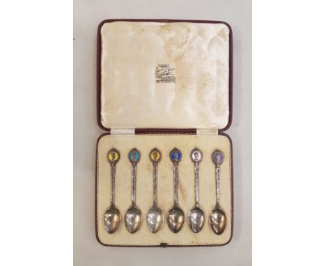 Cased set of 6 Sterling silver and enamel Edward VIII coffee spoons, 60.8g.