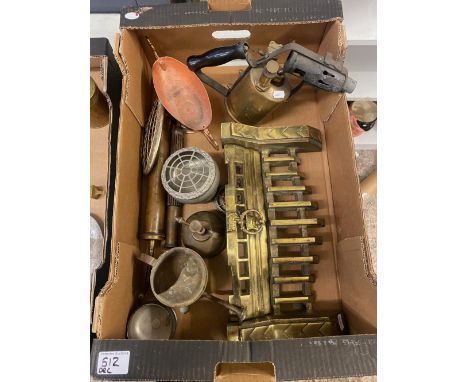 A collection of metalware items include Brass fire front, vintage brass gas lamp blow torch, brass watering can &amp; Oil can