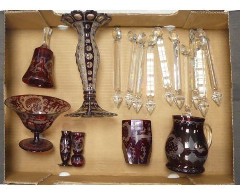 Selection of Bohemian Ruby Red Glassware to include Two Vessels, Bell, Two Glasses, Bowl and a Glass Lustre. a/f. (1 Tray)