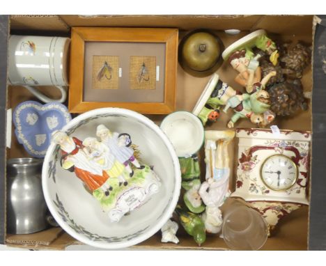 Mixed Ceramics To Include Portmeirion Fruit Bowl, Two Hummel Goebel Figures, Masons Mandalay Red Mantel Clock, Three Wade Tor