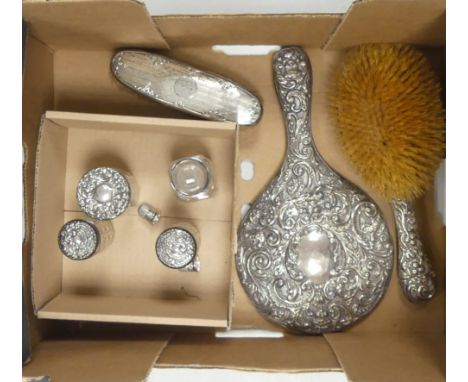 Silver Vanity set to include mirror, comb, brush, Four Silver topped Jars and Thumbnail. a/f. (Small Tray)