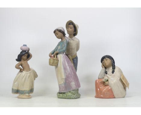 Three Figurines including Nao Curious John (Goody Basket, Lladro Little Peasant Girl 2333 and Marco GinerSleepy Girl with Som