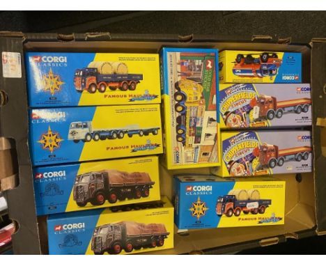 A collection of boxed Corgi Classics, Famous Hauliers to include E.R.F 09802 8 Wheel Rigid with load and figures, 2x E.R.F 8 