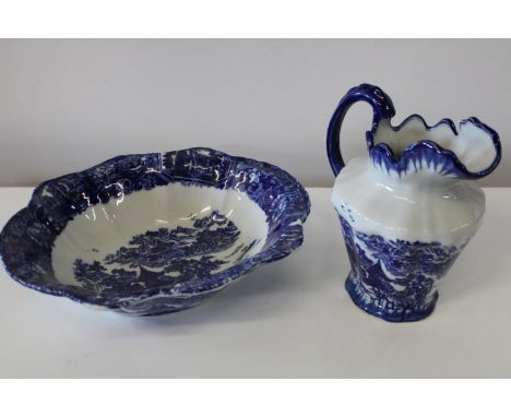 A blue & white transfer printed jug & basin setBowl d38cmJug h27cm 