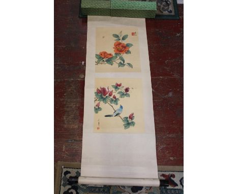 A vintage two panelled decorated Chinese scroll 