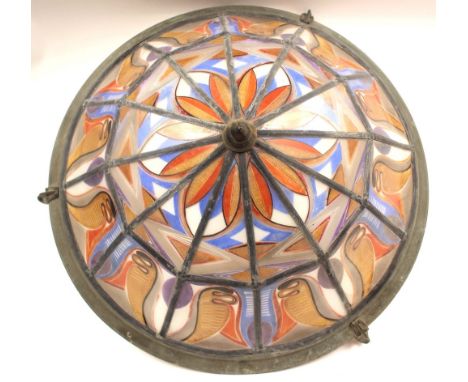 A stained glass ceiling light, circa 1950, circular faceted form, the opaque leaded panels painted with abstract and geometri