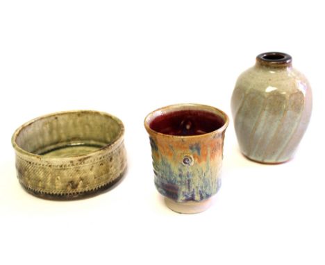 Studio pottery including an Anne Whittlesey for Winchcombe stoneware vase, Alan Birchall dish and D Fry cup, vase 12.5cm high