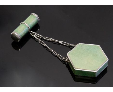 An Art Deco French silver and shagreen compact and lipstick, the case of hexagonal form with gilt interior, suspended on a ch
