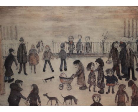 Laurence Stephen Lowry (1887-1976), Figures and Railings, colour limited edition print, No. 105/850, blind stamp, 43cm x 60cm