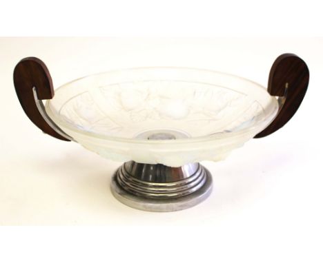 An Art Deco French blue opal glass bowl, moulded with panels of roses and set on a chrome foot, with chrome and rosewood hand