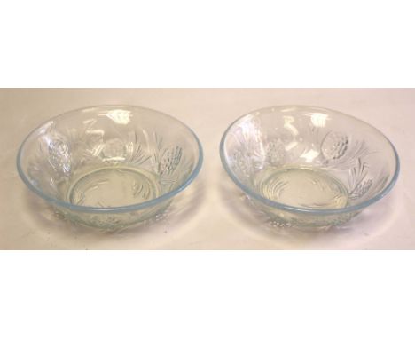 Jobling, a pair of Art Deco blue opal moulded glass bowls, fircone pattern, moulded registration number 777133, 14cm diameter