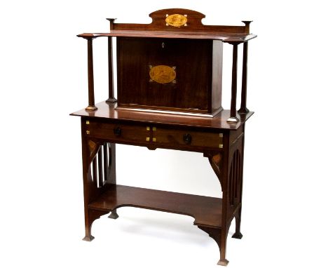 George Walton (attributed), a Glasgow School mahogany bureau, circa 1910, the fall front inlaid with pewter, satinwood and ha