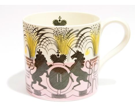 Eric Ravilious for Wedgwood, a 1953 coronation mug, E II R, in pink, printed marks to underside, 10.5cm high