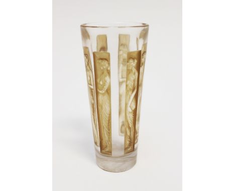 Rene Lalique, a Six Figurines cordial glass or goblet, designed 1911, of conical form with vignettes of classical women in fr