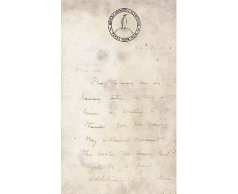 SCOTT (ROBERT FALCON) – BRITISH ANTARCTIC EXPEDITION 1910-1913Autograph letter signed ('R.Scott'), to T. Maskew Miller of Add