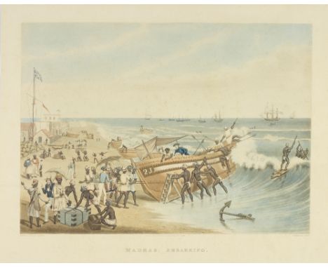 J.B. East (British)'Madras Embarking'hand-coloured engraved view by C. Hunt after J.B. East, Madras, laid down on paper, one 