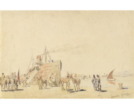 Joseph Denovan Adam Jnr (British, active 1900-1931)Disembarking mules with the Remount Squadron in Salonika, Greece signed 'D