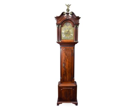 A Small 18th Century Style Mahogany Longcase Clock, swan neck pediment, Corinthian capped columns, well figured trunk door fl