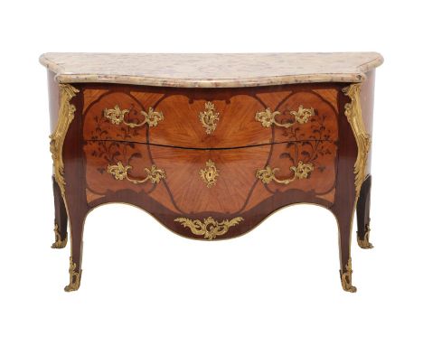 {} A 20th Century Marquetry and Bois Satine Gilt Metal Commode, in Louis XIV style, of serpentine shape form, with Alep Brecc