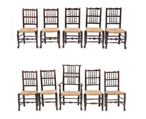 A Harlequin Set of Ten Ash and Elm Rush-Seated Dining Chairs, comprising seven 19th century Lancashire single examples with d