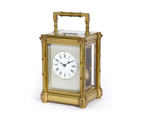A Brass Striking and Repeating Carriage Clock, signed Henri Jacot, circa 1890, carrying handle and repeat button, bamboo styl