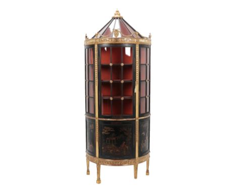 {} A George III Style Gilt, Gesso and Japanned Display Cabinet, late 19th century, the glazed canopy above a fluted frieze su