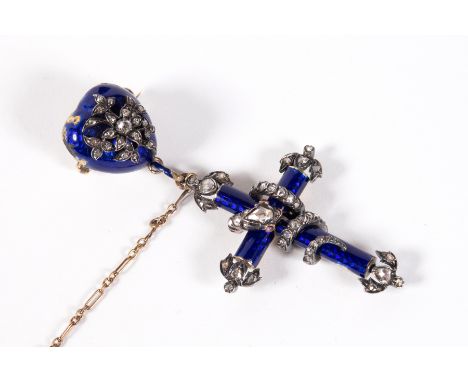 A MID VICTORIAN ROSE CUT DIAMOND AND BLUE ENAMELLED SERPENT, CROSS AND HEART BROOCH The cross with a coiling Diamond studded 