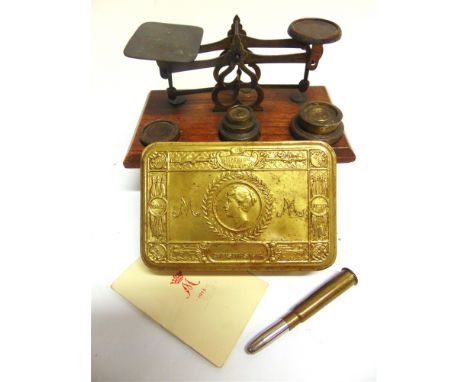 MILITARIA - A GREAT WAR PRINCESS MARY CHRISTMAS 1914 BRASS GIFT TIN  with original card, and pencil in the form of a bullet; 