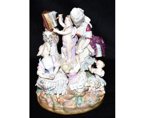 A LARGE 19TH CENTURY MEISSEN FIGURAL CENTREPIECE 'The Music Lesson', after the model by Michel Victor Acier, polychrome ename