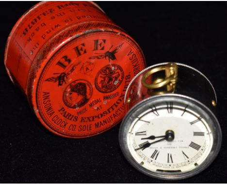 AN ANSONIAN 'BEE' TRAVELLING CLOCK  in original case 7.5cm diameter Condition Report : no signs of damage, but the movement a