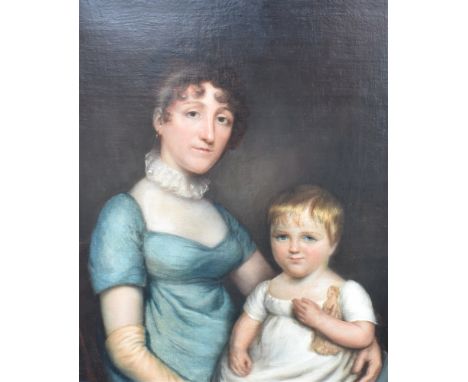 19TH CENTURY SCHOOL  Portrait of a mother and child Oil on canvas 61cm x 73cm Condition Report : picture and frame in good co