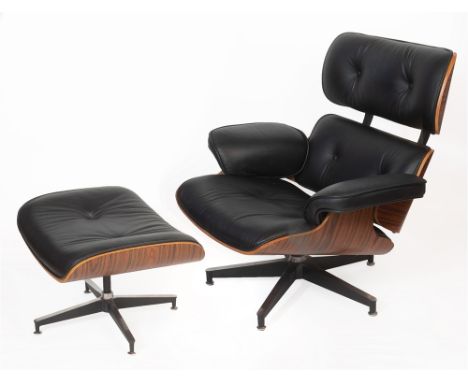 A CHARLES AND RAY EAMES STYLE LOUNGE CHAIR AND OTTOMAN  with black leather upholstery Condition Report : generally very good,