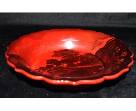 A ROYAL DOULTON FLAMBE BOWL  decorated with a cottage scene, signed 'Noke' to base, 25cm diameter Condition Report : some lig