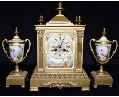 A 19TH CENTURY FRENCH CLOCK THREE PIECE CLOCK GARNITURE  the eight day Japy Freres movement stamped '9003', striking on a bel