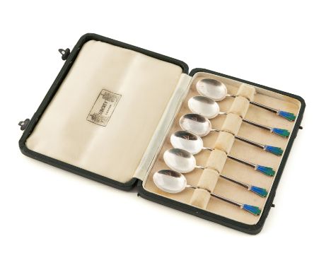 LIBERTY &amp; CO: a set of six silver teaspoons with Art Deco enamel terminals, hallmarked Birmingham 1934, in fitted case Co