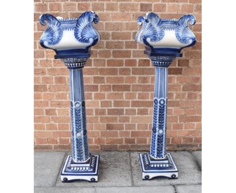 A PAIR OF VICTORIAN CERAMIC JARDINIERES ON STANDS,  the jardinieres 36cm square, 128cm high overall Condition Report : crazin