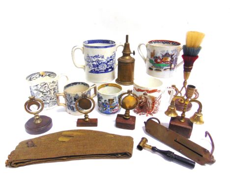 ASSORTED COLLECTABLES  comprising two late 19th century twin-handled cider mugs; four further mugs; various heavy horse harne