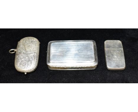 A COLLECTION OF SILVER ITEMS A small silver box, silver 'lighter' box and a silver plated sovereign holder and vesta case, th