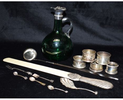 A COLLECTION OF SILVER EPNS and white metal, comprising of six napkin rings, weight 163 grams, a silver handled ivory stick, 